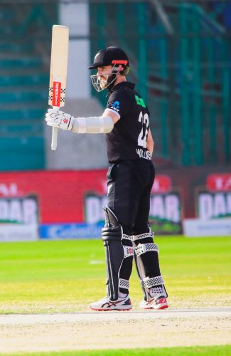 New Zealand’s Devon Conway celebrates reaching his century off 89 balls. Photo courtesy Twitter)
