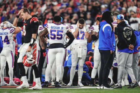The Buffalo Bills gather as an ambulance parks on the field while CPR is administered to Buffalo Bills safety Damar Hamlin (3) after a play in the first quarter of the NFL Week 17 game between the Cincinnati Bengals and the Buffalo Bills at Paycor Stadium in Downtown Cincinnati. Mandatory Credit: Sam Greene-USA TODAY Sports