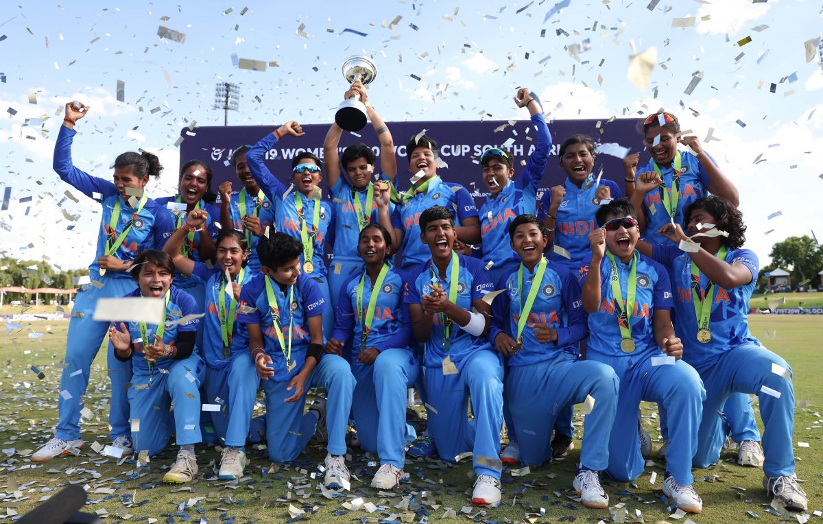 The victorious India U19 female team celebrate its ICC T20 World Cup triumph