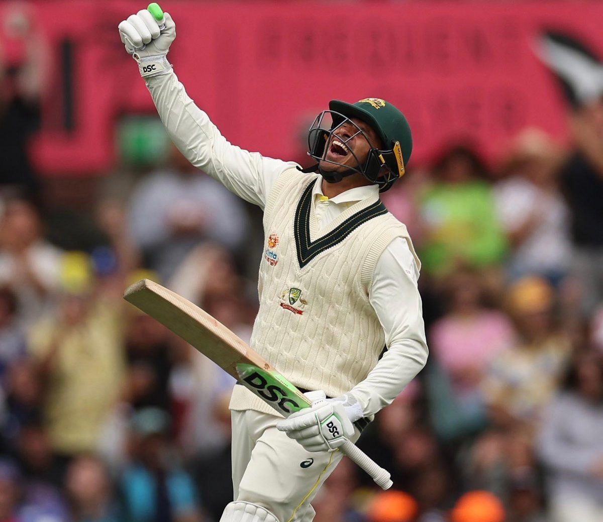 Usman Khawaja was stranded on 195 not out five runs short of a double century after Australia declared in search of an outright win.