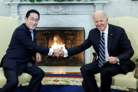 U.S. President Joe Biden shakes hands with Japan’s Prime Minister Fumio Kishida during a bilateral meeting in the Oval Office at the White House in Washington, U.S., January 13, 2023. (REUTERS)