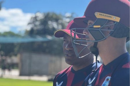 New performance mentor Brian Lara (left) chats with rookie opener Tagenarine Chanderpaul during a net session in Zimbabwe. (Photo courtesy CWI Media) 