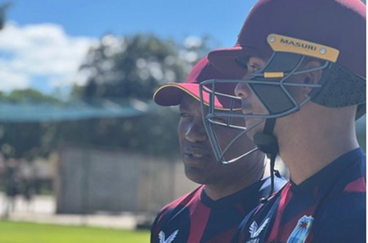 New performance mentor Brian Lara (left) chats with rookie opener Tagenarine Chanderpaul during a net session in Zimbabwe. (Photo courtesy CWI Media) 