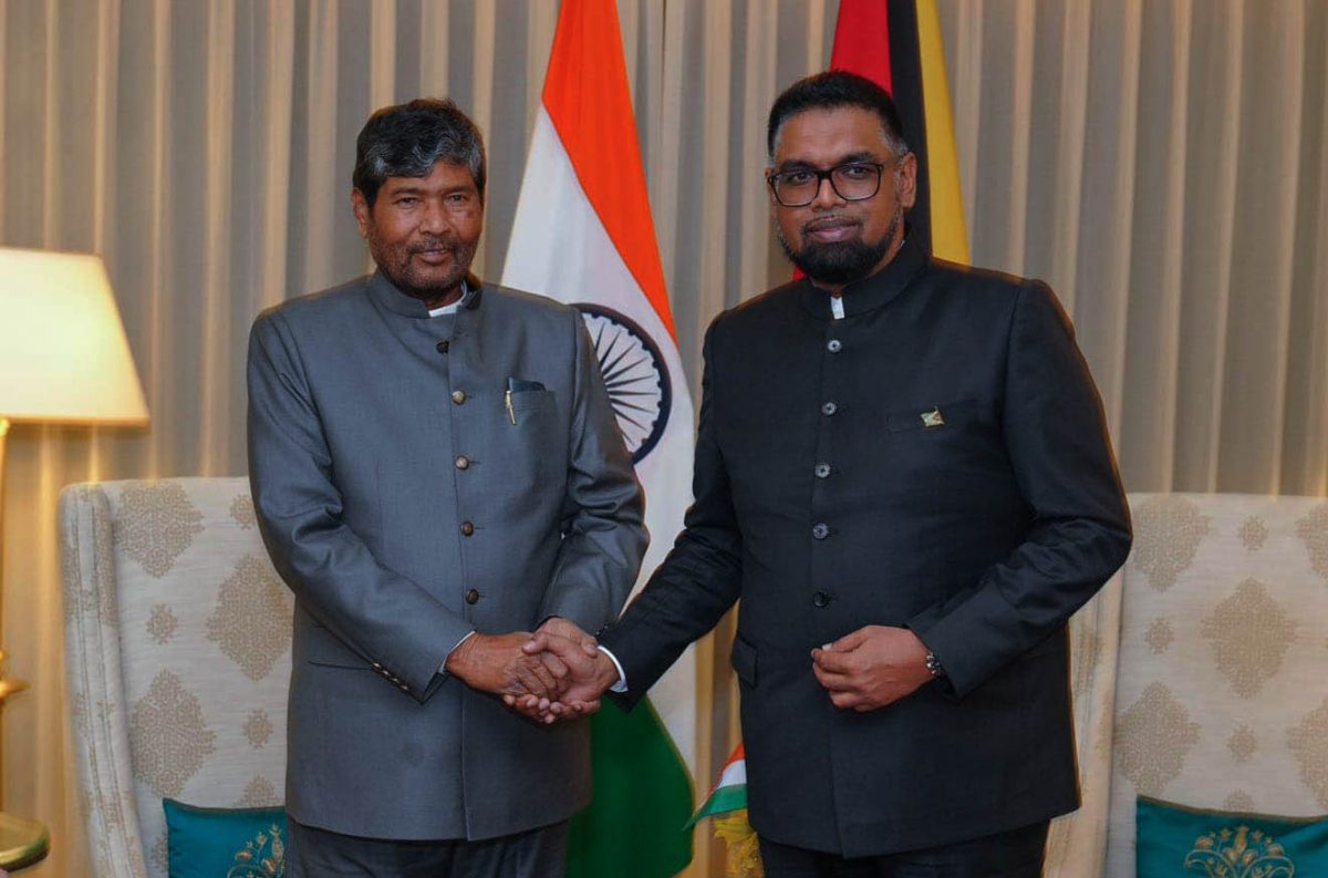 President Irfaan Ali (right) met with India’s Minister of Food Processing Industries, Pashupati Kumar Paras, on Thursday last week in India. (Office of the President photo)