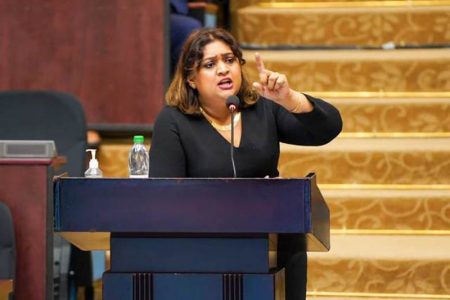 Priya Manickchand addressing the House yesterday (DPI photo)
