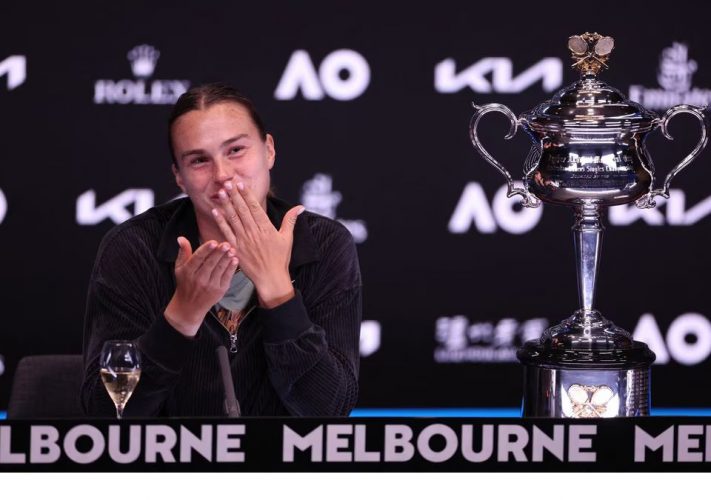 Belarus’ Aryna Sabalenka with her trophy during the press conference after winning her final match against Kazakhstan’s Elena Rybakina REUTERS/Loren Elliott