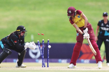 Shunelle Sawh of West Indies is bowled by Anna Browning
during yesterday’s game. (Photo courtesy ICC Media) 