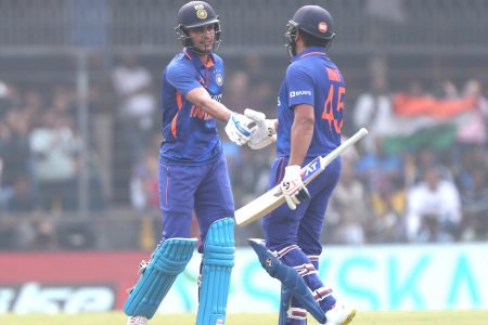 Openers Shubman Gill and Rohit Sharma, right, scored centuries to power India to 385-9.