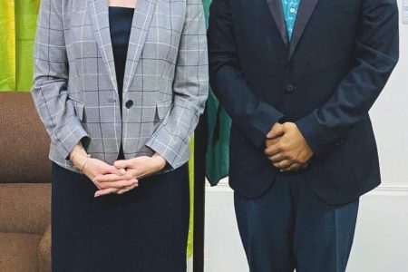 The Mayor of Georgetown Ubraj Narine yesterday received a courtesy visit from US Ambassador Sarah-Ann Lynch.  According to a post on the mayor’s Facebook page, she was accompanied by Political Officer  Howard H. Chyung. The post said that they discussed development in the City of Georgetown and its challenges.