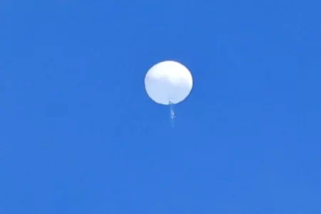 A suspected Chinese spy balloon is seen before it was shot down off the coast of Garden City, South Carolina, U.S. February 4, 2023
(photo credit: Travis Huffstetler/Handout via REUTERS)