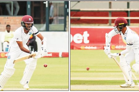  HOLDING FIRM!West Indies captain Kraigg Brathwaite (left) and fellow opener Tagenarine Chanderpaul held firm against hosts Zimbabwe
on a rain-shortened first day in the first Test on Saturday at the Queen’s Sports Club in Bulawayo. (Agencies) 