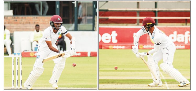  HOLDING FIRM!West Indies captain Kraigg Brathwaite (left) and fellow opener Tagenarine Chanderpaul held firm against hosts Zimbabwe
on a rain-shortened first day in the first Test on Saturday at the Queen’s Sports Club in Bulawayo. (Agencies) 