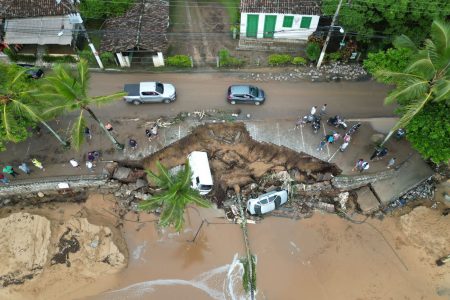 An aerial view shows the damage caused by severe rainfall in Ilhabela, Brazil, February 19, 2023, in this picture obtained from social media. Tribuna do Povo/Caio Gomes/via REUTERS