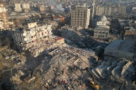 An aerial view shows collapsed buildings, in the aftermath of the deadly earthquake, in Kahramanmaras, Turkey, on Feb 9, 2023. Reuters