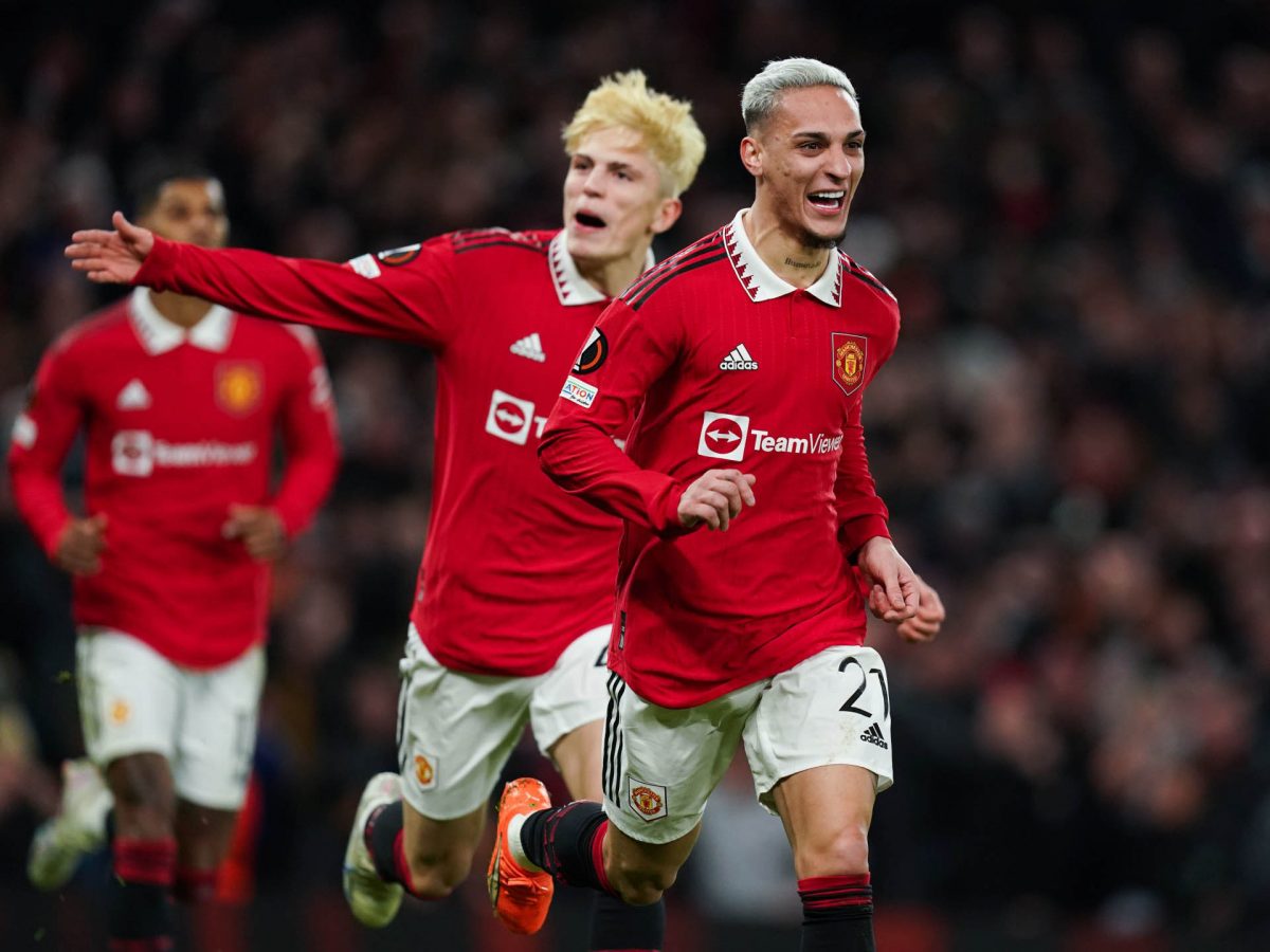 Antony (centre) celebrating after scoring the winner for Manchester
 United against Barcelona in the Europa League playoffs