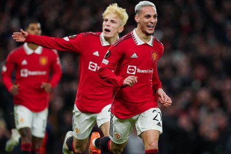 Antony (centre) celebrating after scoring the winner for Manchester
United against Barcelona in the Europa League playoffs