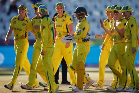 Australia walking off in celebration after defeating India in the 1st semi-final of the Women’s ICC T20 World Cup. They will now await the winner of the second semi-final between hosts South Africa and England