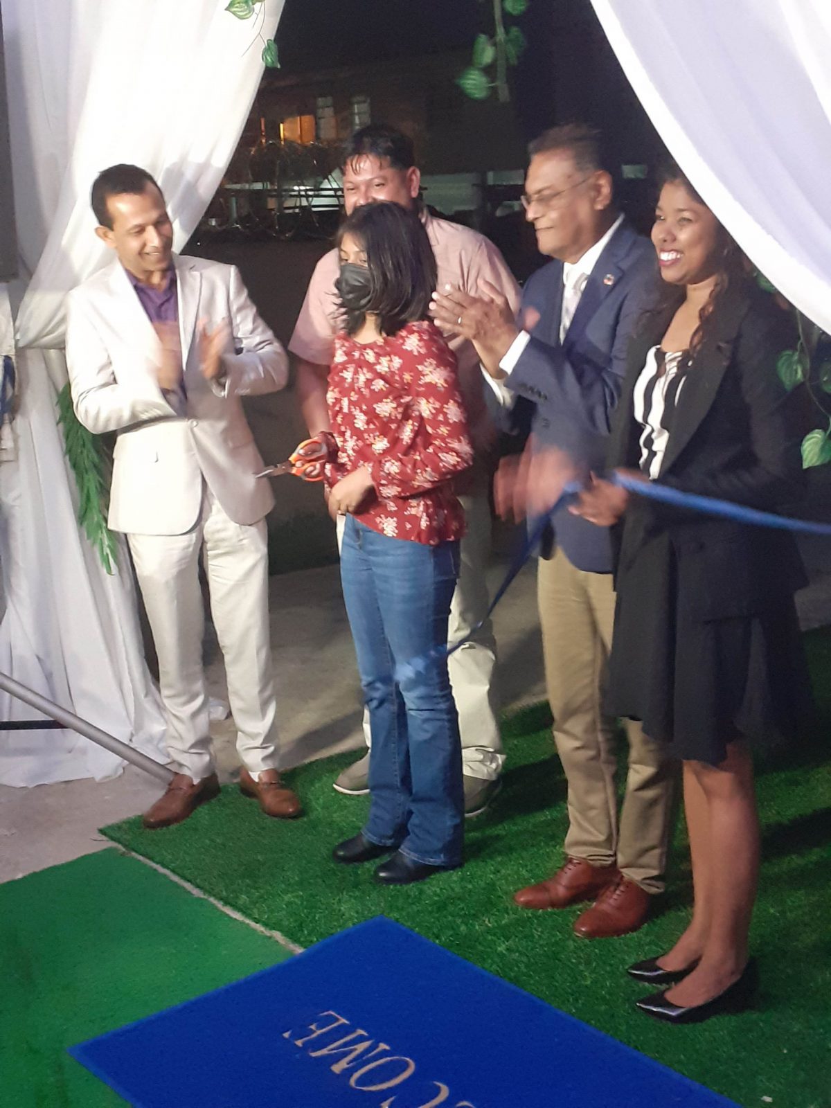 Founder of Kanuku Tours and Kanuku Eco-Lodge Resort Geer Meghan (left) and Speaker of Parliament Manzoor Nadir (second, right) as the ribbon was cut at the launch.