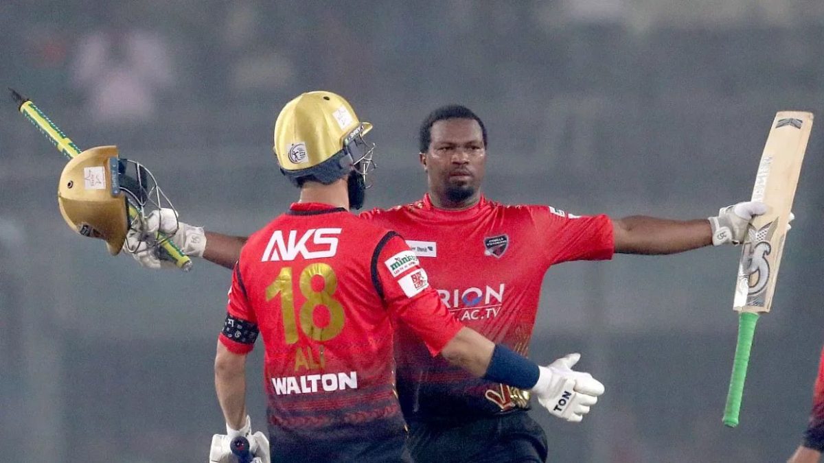 West Indies batsman Johnson Charles celebrating after hitting the winning
runs to win the BPL title for Comilla Victorians
