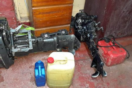 The two outboard engines, one gas tank and one tool kit that were recovered from the boat. 
