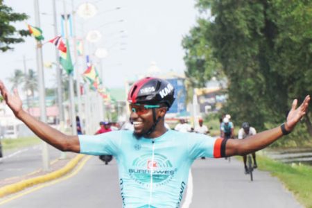 Briton John soloed to victory in the Forbes Burnham Memorial road race yesterday on the eve of the former president’s 100th birth anniversary. (Emmerson Campbell photo)
