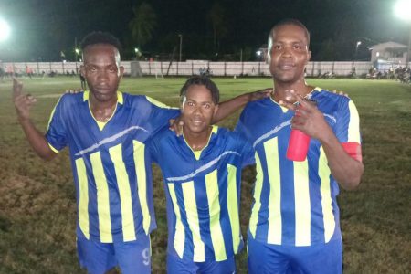 Ann’s Grove scorers from left Shamar Beckles, Phillip Williams, and Clive Andries
