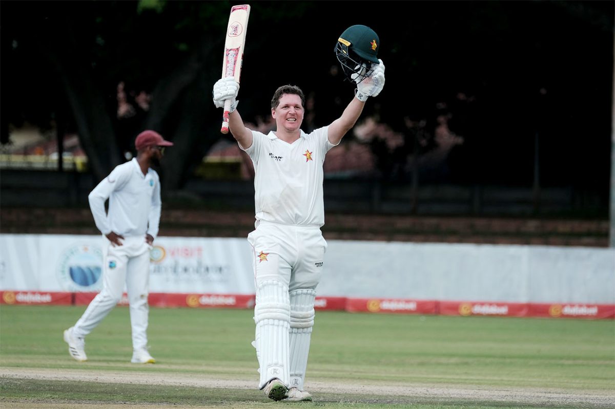 Zimbabwe’s Gary Ballance celebrates his test century on debut adding to the four he scored for England previously.