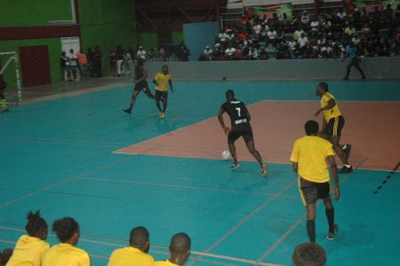 Flashback – Adrian Aaron of Bent Street (black) on the attack against Tiger Bay during their semi-final round encounter in the inaugural Rocks Auto Trans and Spares Parts ‘Legendary Cup’ Futsal Championship
