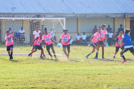 A scene from the Linden leg of the Blue Water U15 Girls’ Development League on Friday at the Wisburg Secondary School ground.