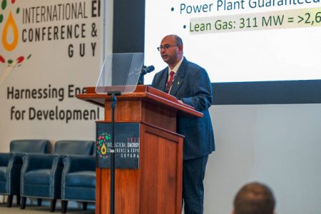 Winston Brassington speaking during day two of the International Energy Conference and Expo, at the Marriott Hotel. (Department of Public Information photo)