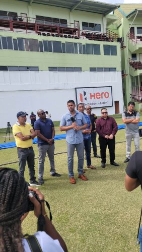  Minister of Culture, Youth and Sports, Charles Ramson Jnr., yesterday told the Demerara and Berbice cricketers of his government’s commitment to availing them of the best facilities in the quest to lift the profile of the cricketers themselves and the country as well. Paying rapt attention to the Minister are from left, Azad Ibrahim, Manager of the National Stadium, Steve Ninvalle, Director of Sports, Kashif Muhammad, Chairman of the National Sports Commission, Bissoondyal Singh, president of the Guyana Cricket Board and Ramnaresh Sarwan, Chairman of the National Cricket Selectors.
(Donald Duff photo)
