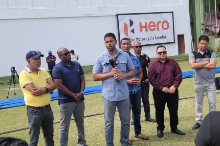  Minister of Culture, Youth and Sports, Charles Ramson Jnr., yesterday told the Demerara and Berbice cricketers of his government’s commitment to availing them of the best facilities in the quest to lift the profile of the cricketers themselves and the country as well. Paying rapt attention to the Minister are from left, Azad Ibrahim, Manager of the National Stadium, Steve Ninvalle, Director of Sports, Kashif Muhammad, Chairman of the National Sports Commission, Bissoondyal Singh, president of the Guyana Cricket Board and Ramnaresh Sarwan, Chairman of the National Cricket Selectors.
(Donald Duff photo)
