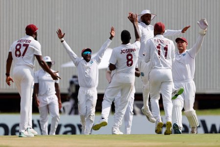 The West Indies players are cock-a-hoop after getting another South African wicket