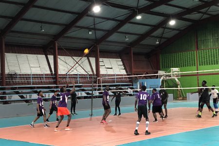 Part of the action in the DVA senior men’s league between Young Achievers and Eagles at the National Gymnasium Tuesday night.