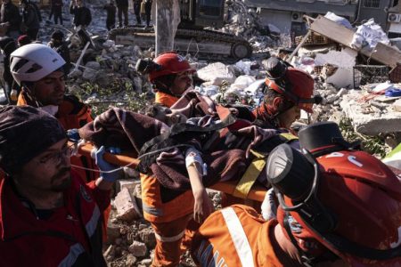 Rescue workers and medics pull out a person from a collapsed building in Antakya, Turkey, Wednesday, Feb. 15. AP-Yo