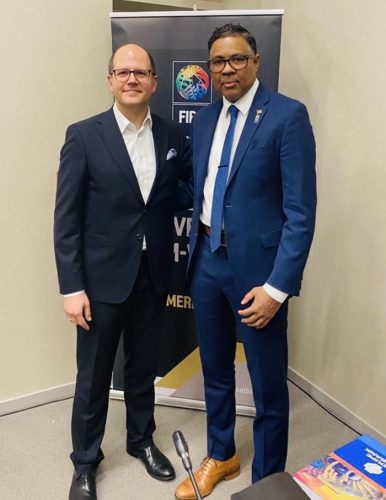 FIBA Secretary General Andreas Zagklis (left) and CONCENCABA President Patrick Haynes.
