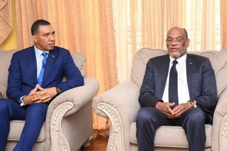 Jamaica Prime Minister Andrew Holness, left, and Haiti Prime Minister Ariel Henry met on Monday, February 27, 2023 in Port-au-Prince, Haiti during a special mission of the Caribbean Community. Courtesy of Haitian government
