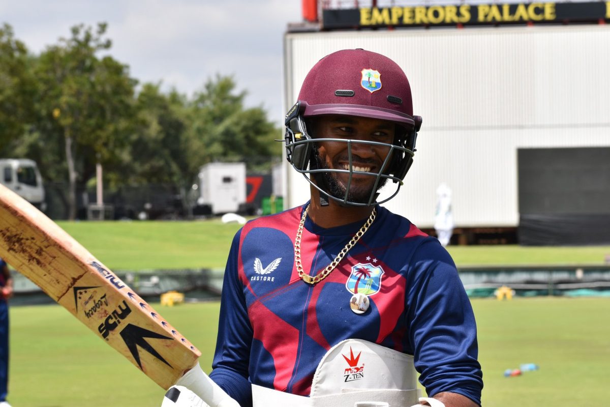 Captain Kraigg Brathwaite shares a laugh in the nets in the buildup to the first Test against South Africa. (Photo courtesy CWI Media) 