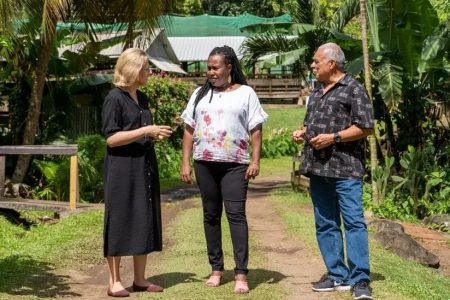 Laura Trevelyan (left) explores a former slave plantation on Grenada during her visit in 2022 (BBC photo)