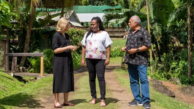 Laura Trevelyan (left) explores a former slave plantation on Grenada during her visit in 2022 (BBC photo)