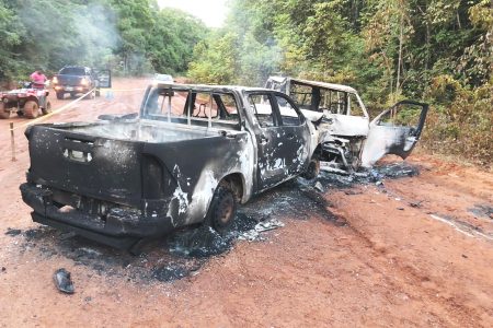 The ruins of the two vehicles after the fire (Police photo)
