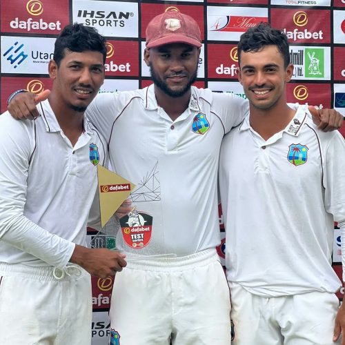 MATCH WINNERS! West Indies test captain Kraigg Brathwaite embraces his two match winners Gudakesh Motie, left and Tagenarine Chanderpaul.