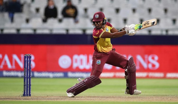 Hayley Matthews hits through the off-side during her half-century against Ireland yesterday. (Photo courtesy ICC Media) 