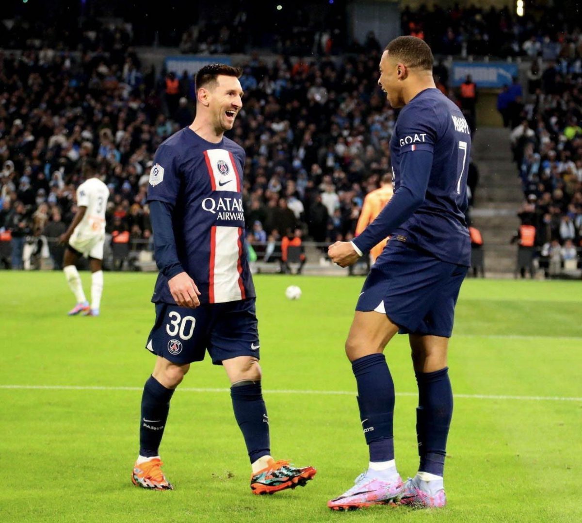World Cup foes Lionel Messi, left and Kylian Mbappe united to help Paris St Germain defeat Olympique de Marseille yesterday. (Photo courtesy Twitter)