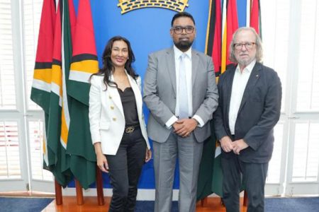 President Irfaan Ali (centre) with Professor James Allison (right) and Professor Padmanee Sharma (Office of the President photo)