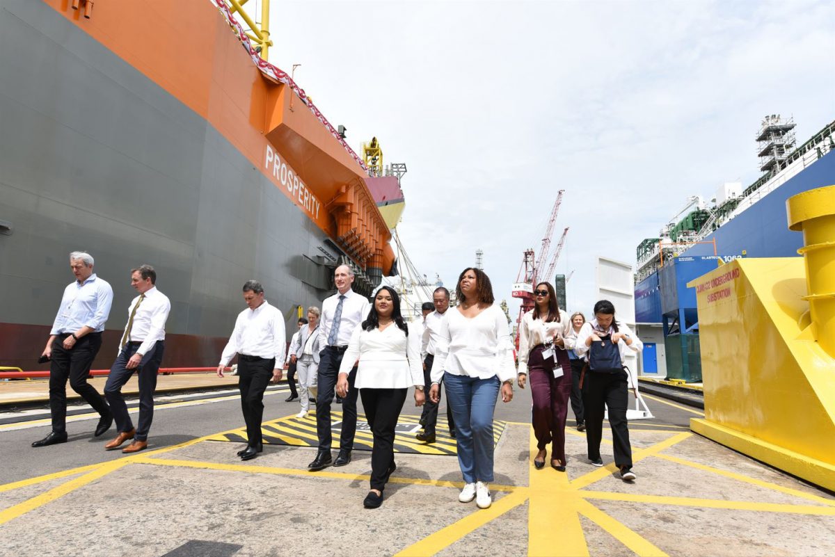 First Lady Arya Ali (centre) at the event for the dedication of the Prosperity FPSO. To her right is ExxonMobil’s Alistair Routledge. (ExxonMobil photo)