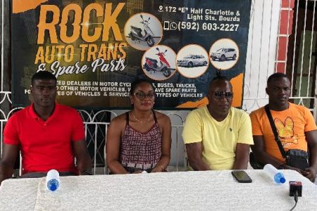 Yolanda Ross (2nd from left), Managing Director of Rocks Auto Trans and Spares Parts, poses for a photo opportunity beside Bent Street captain Colin Nelson (1st from left), Back Circle leader Selwyn Williams (1st from right) and tournament coordinator Wayne ‘Harry’ Griffith at the pre-final press conference.