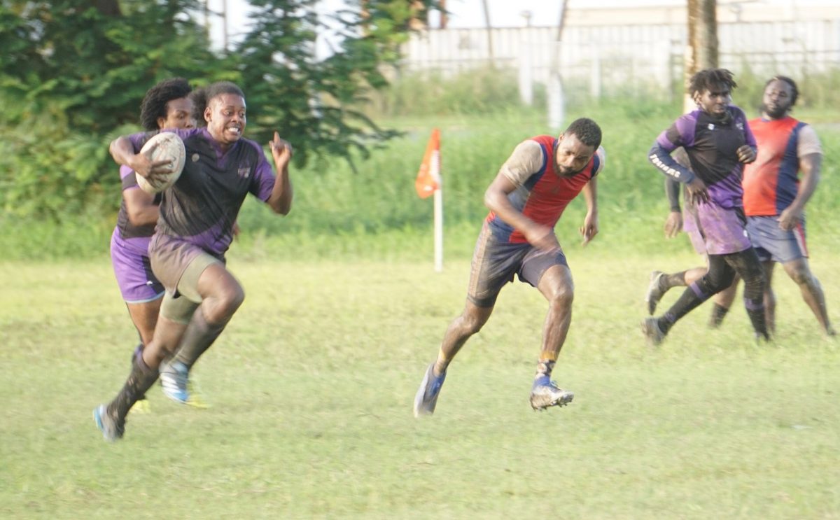 The Guyana Rugby Football Union kicked off its 2023 season on Sunday, with a 15s match in the National Park. Panthers’ Godfrey Broomes pictured above helped the Vice-President’s side to the sweeping victory by recording eight points.