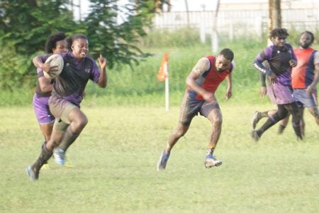 The Guyana Rugby Football Union kicked off its 2023 season on Sunday, with a 15s match in the National Park. Panthers’ Godfrey Broomes pictured above helped the Vice-President’s side to the sweeping victory by recording eight points.