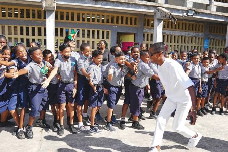 Letitia Wright at her alma mater Patentia Primary School yesterday (Ministry of Education photo) 